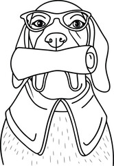 Intelligent beagle dog wearing glasses and holding a rolled up document in its mouth