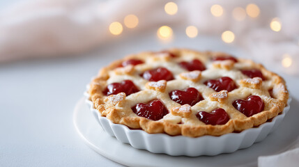 cherry pie on a white plate, homemade cherry pie