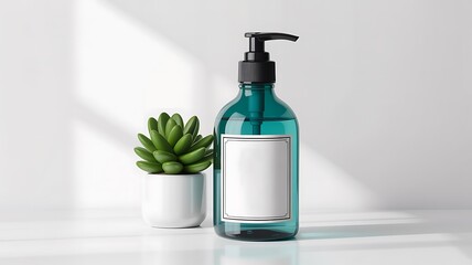 Green transparent pump bottle with blank label and potted plant on white background
