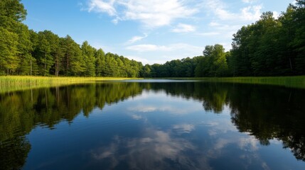serene lake reflecting trees and sky, calm water, peaceful, no people