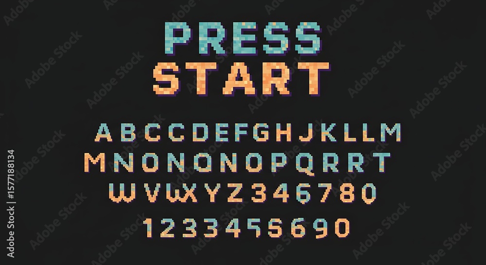 Fototapete pixel art font with a retro gaming aesthetic, featuring blocky letters and numbers against a dark ba