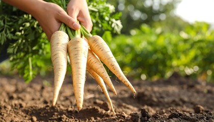 Fresh Parsnips Harvested Farmers Hands Holding Root Vegetables in Garden.