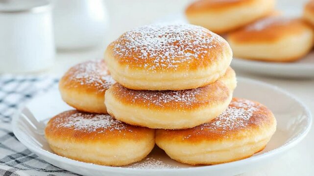 Sweet Treats: A close-up shot of a stack of freshly baked, golden doughnuts dusted with powdered sugar, inviting visual with a hint of sweetness.