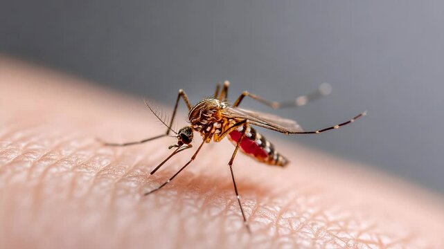 Close-up of a mosquito biting human skin with detailed macro visual