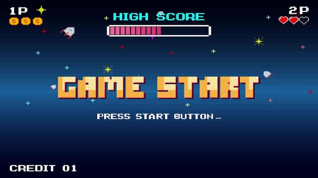GAME START. pixel art .8 bit game. retro game. for game assets. arcade gaming. - Powered by Adobe