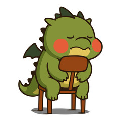 Cute cartoon dragon mascot sleeping or tired, slumped over a chair, conveying rest, exhaustion, or a lazy mood.