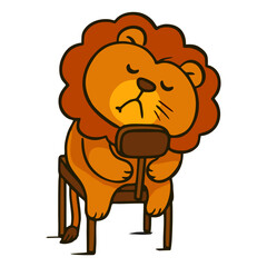 Cute cartoon lion mascot sleeping or tired, slumped over a chair, conveying rest, exhaustion, or a lazy mood.