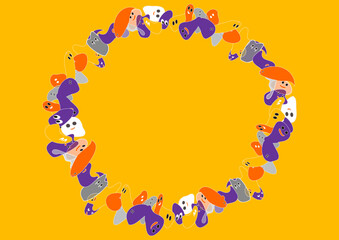 おばけたちのカラフルサークル黄色背景・・halloween, ・ハロウィンのイメージカラー