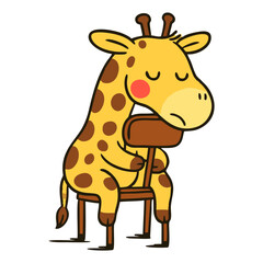 Cute cartoon giraffe mascot sleeping or tired, slumped over a chair, conveying rest, exhaustion, or a lazy mood.