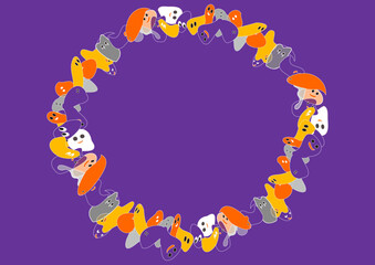 Fototapeta premium おばけたちのカラフルサークル紫背景・halloween, ・ハロウィンのイメージカラー