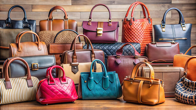An assortment of leather handbags and purses displayed on a wooden surface in a studio setting