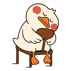 Cute cartoon duck or goose mascot sleeping or tired, slumped over a chair, conveying rest, exhaustion, or a lazy mood.