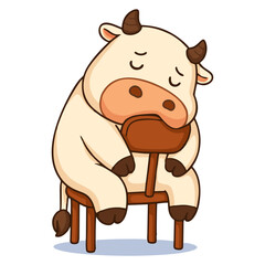 Cute cartoon cow mascot sleeping or tired, slumped over a chair, conveying rest, exhaustion, or a lazy mood.