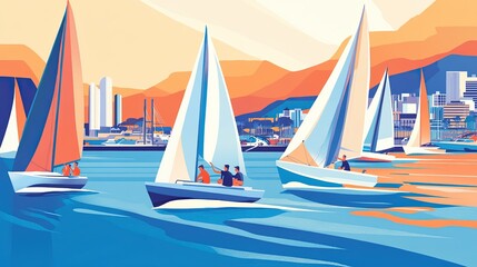 Naklejka premium A montage of individuals sailing boats, learning navigation, and enjoying the open water. The background includes a marina and a distant cityscape, symbolizing freedom and adventure.