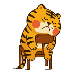 Cute cartoon tiger mascot sleeping or exhausted, slumped over a chair, conveying tiredness, laziness, or relaxation.