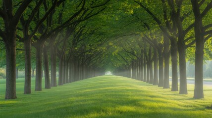 Avenue of trees with green grass and sunlight creating a tunnel effect in a nature landscape scene