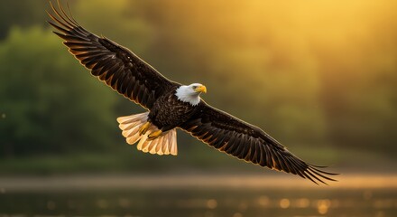 Naklejka premium Majestic bald eagle soaring gracefully against a warm golden sunset sky