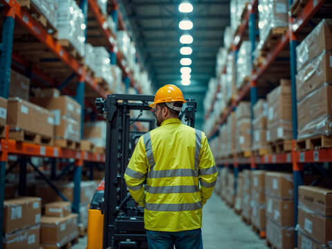 A worker in high-visibility clothing operates equipment in a well-organized warehouse stocked with boxes