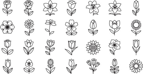 A comprehensive collection of diverse floral outline icons, featuring various flower types like roses and tulips, perfect for elegant graphic design