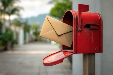 Red mailbox with a letter, a paper envelope flying out of the house,. October 9th Is World Mail Day