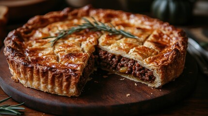 Delicious meat pie on wooden board