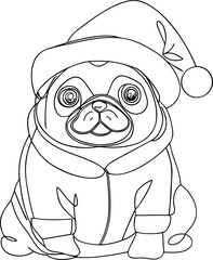 Charming single line drawing of a pug wearing a festive santa hat and cozy winter outfit