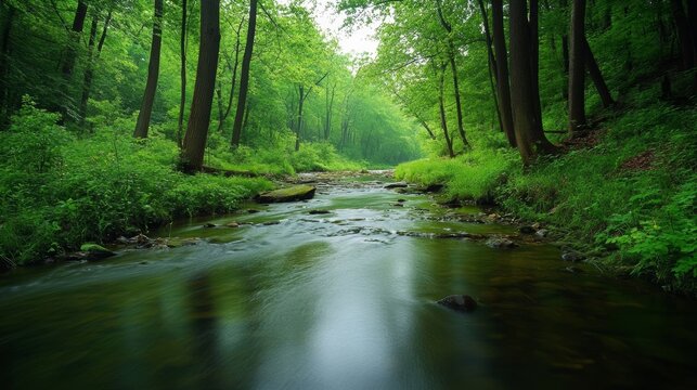 slow-moving river in natural woodland, scenic tranquility