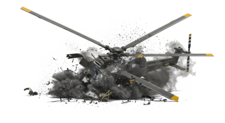Exploding Military Helicopter Debris Field Shattered Rotor Blades GreyGreen Fuselage Fragments.
