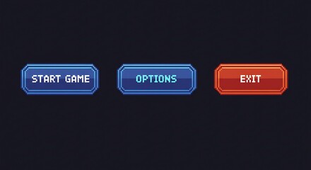 Pixelated game menu buttons create retro gaming interface, featuring start game, options, and exit.
