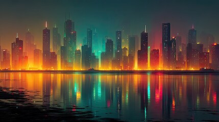 Futuristic city neon lights with glowing skyline and vibrant colors, sci-fi urban landscape for gaming, tech, and design ads