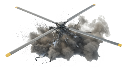 Helicopter Rotor Blades Exploding with Smoke and Debris Isolated on White.