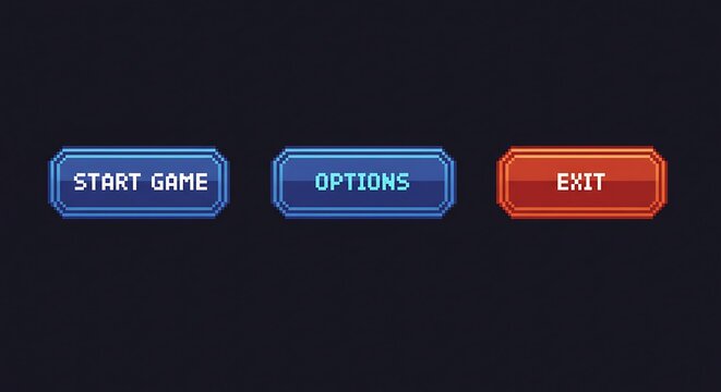 Pixelated game menu buttons create retro gaming interface, featuring start game, options, and exit.