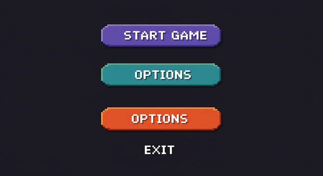 Classic pixel style presents a game interface with start, options, and exit options displayed on colored buttons.