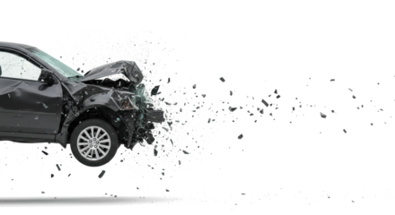 Severely Damaged Black Car Showing Extensive Collision Damage and Debris.