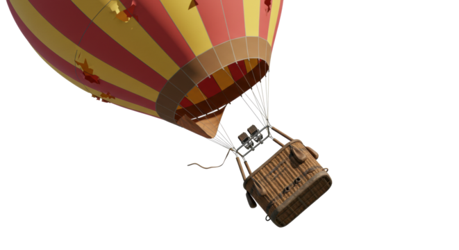 Stripped Hot Air Balloon with Wicker Basket and Ropes Damaged Fabric.