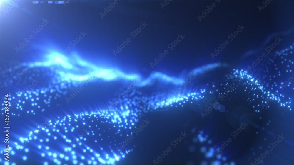 Poster blue glowing particle waves forming a futuristic abstract landscape with soft depth and digital text