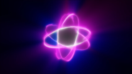 Neon pink and blue twisted ring of light forming a glowing knot on a dark violet background
