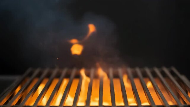 Close-Up of Glowing Charcoal Grill with Rising Smoke and Flames