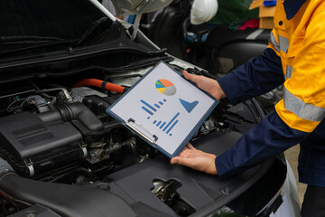Mechanic reviews chart near car engine, analyzing performance data
