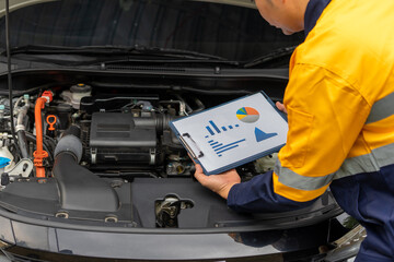 Mechanic reviews engine diagnostics with chart in hand