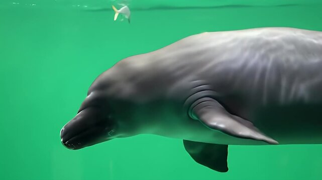 Irrawaddy dolphin swimming in green water with a small fish