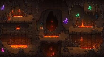 Detailed subterranean cavern illustration featuring glowing crystals and fiery lava pools.