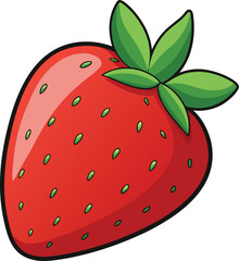 Obraz premium A vibrant stylized illustration of a ripe red strawberry with green leaves and visible seeds on a white background