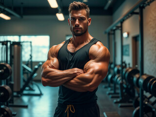 Strong and athletic man showcasing muscular physique in gym environment, emphasizing fitness and determination, surrounded by modern exercise equipment and well-lit interior