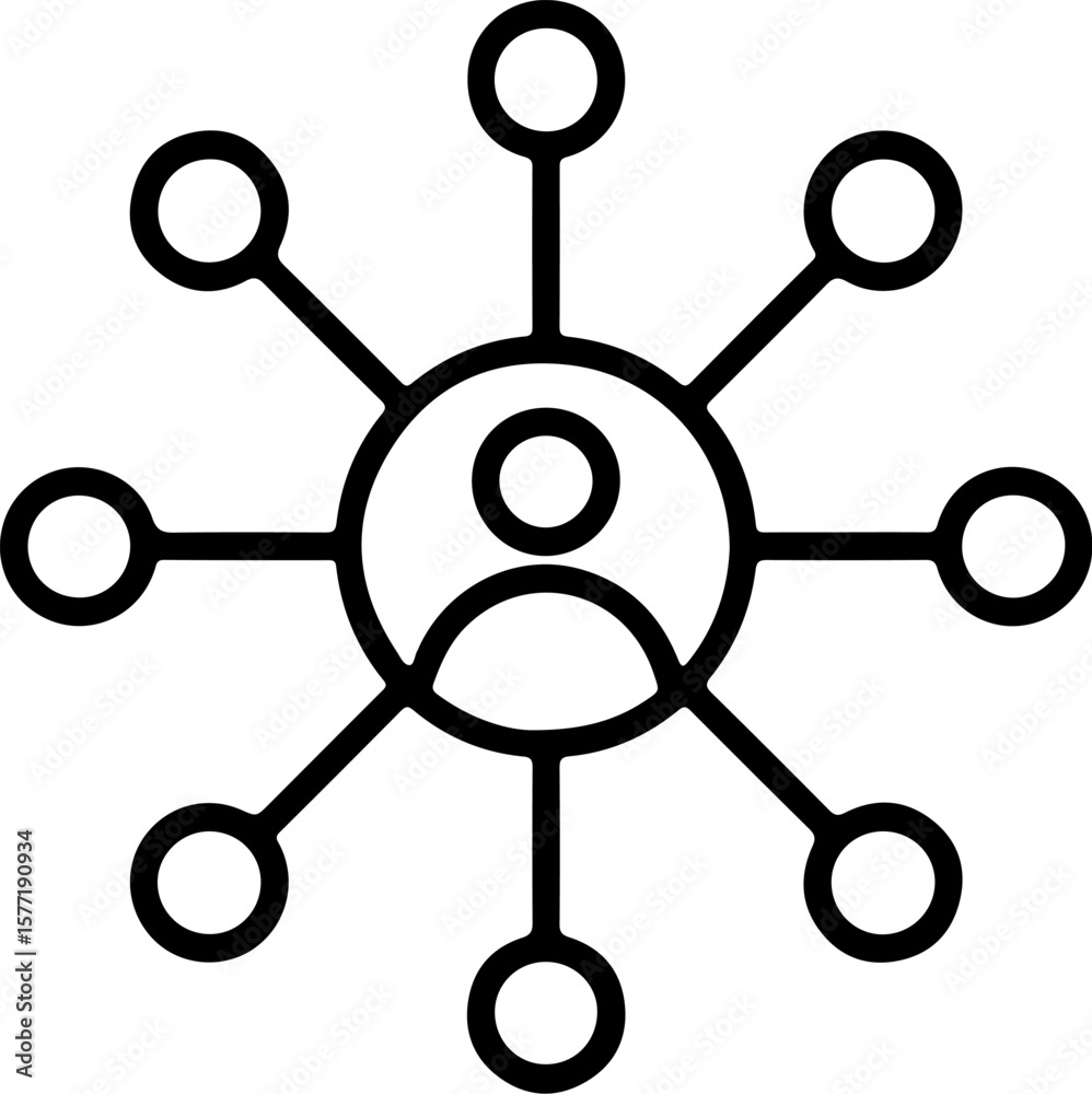 Poster abstract icon representing a central person connected to multiple external nodes or contacts