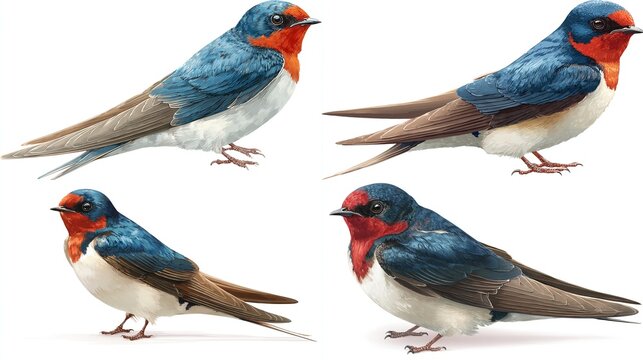 Collection of colorful birds with blue, red, and brown plumage, perched on white background