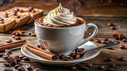 A cup of hot chocolate topped with whipped cream sits on a wooden table. Surrounding it are coffee beans and cinnamon sticks, creating a cozy atmosphere. - Powered by Adobe