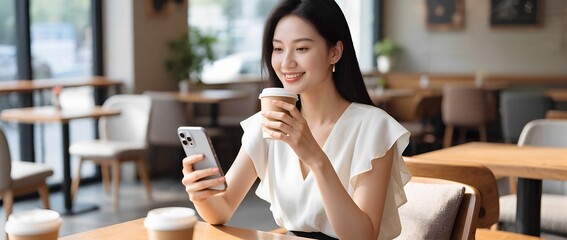 young woman using mobile phone in cafe