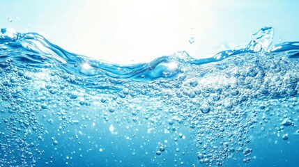 Refreshing aqua blue water with tiny bubbles rising, evoking purity, cleanliness, and clear liquid motion