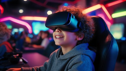 An image of a young boy with curly hair wearing a VR headset
